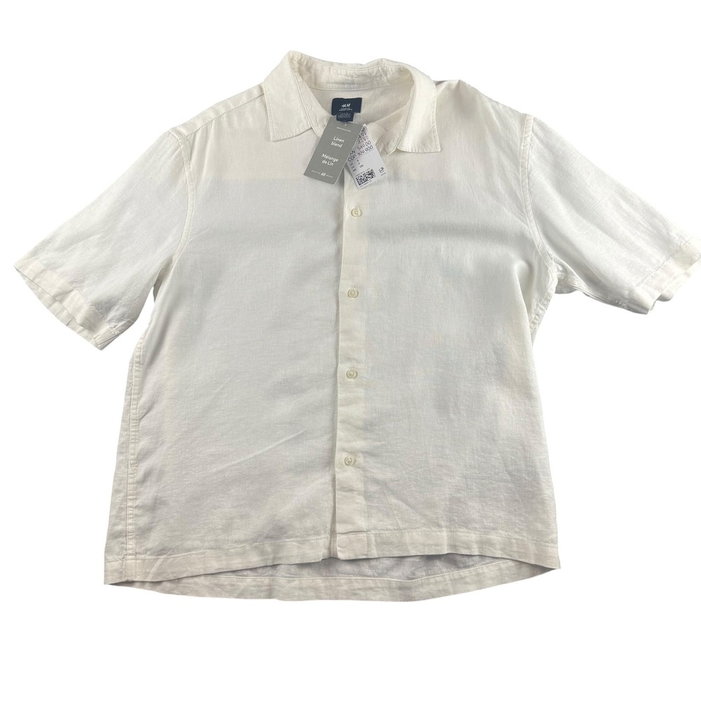HM Premium Selection White Linen Blend Loose Fit Short Sleeve Shirt Mens Small
